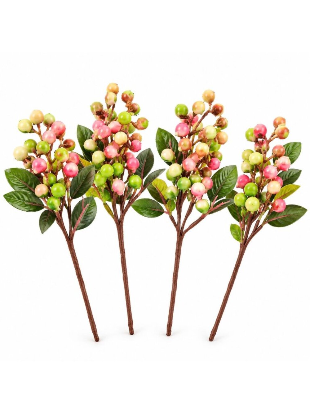 Artificial Berry Stems Set of 4 Pink Green Cream Floral Picks 9 Inch Decor